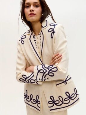 Cream Embroidered Blazer with Navy Trim - Women's Blazer
